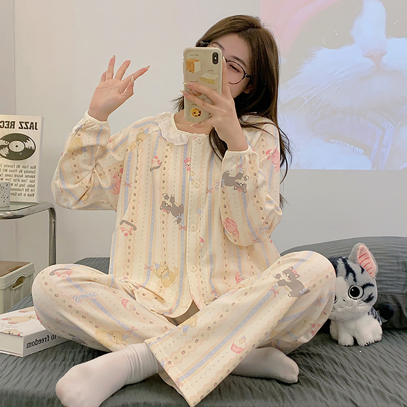 French Uamtor Postpartum Clothing Spring and Summer Thin Pure Cotton Postpartum Nursing Maternity Pajamas with Breast Pads Maternity Home Wear
