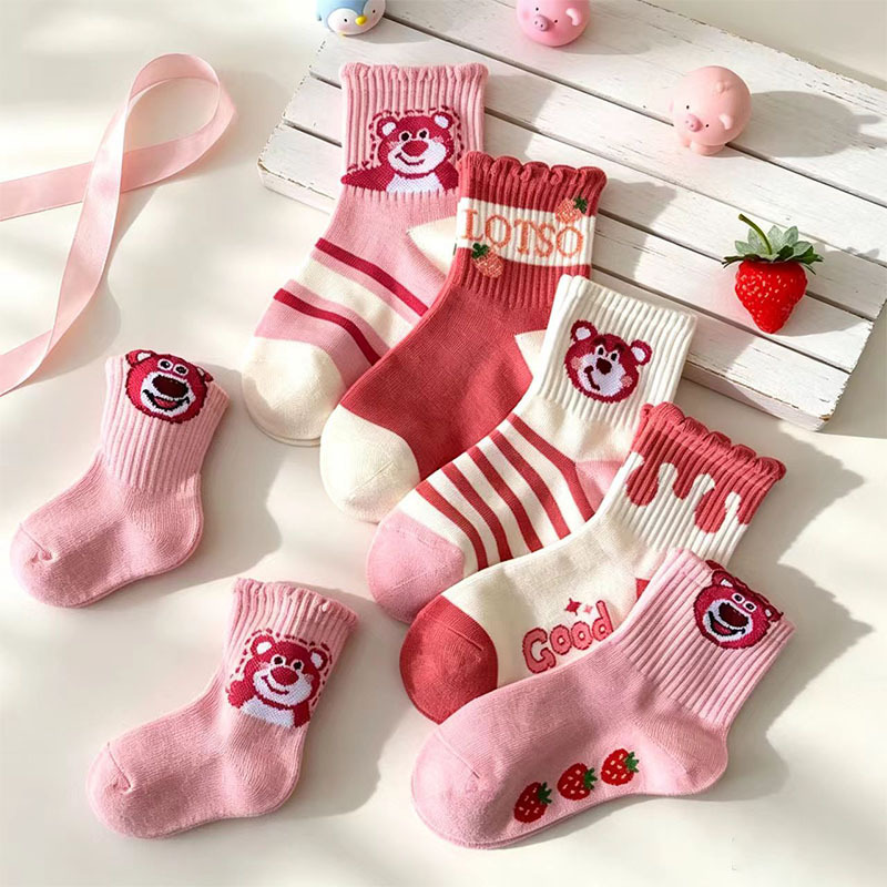 Girls' Socks, Sweat-Absorbent, Spring and Summer Style, Mid-Calf Socks, Pink Strawberry Bear, Small, Medium and Large Children's Socks, Breathable, Autumn