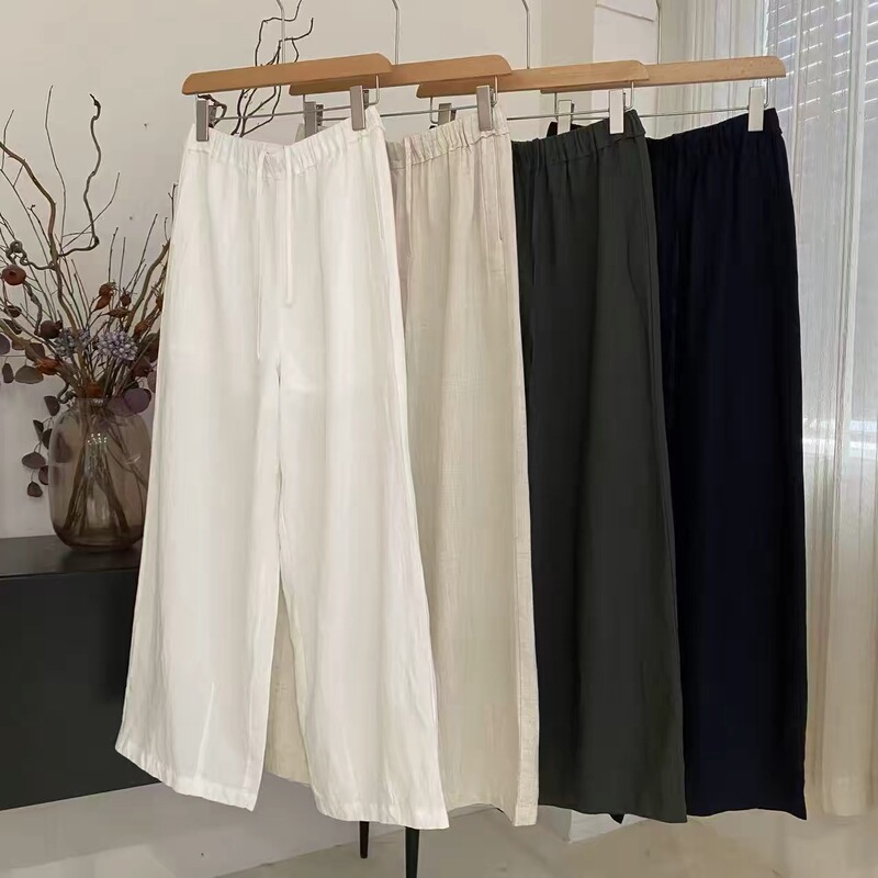 Elastic Waist Drawstring Wide-Leg Pants for Women, Loose Fit, Slimming Straight-Leg Casual Cropped Pants, Versatile Solid Color Trousers
