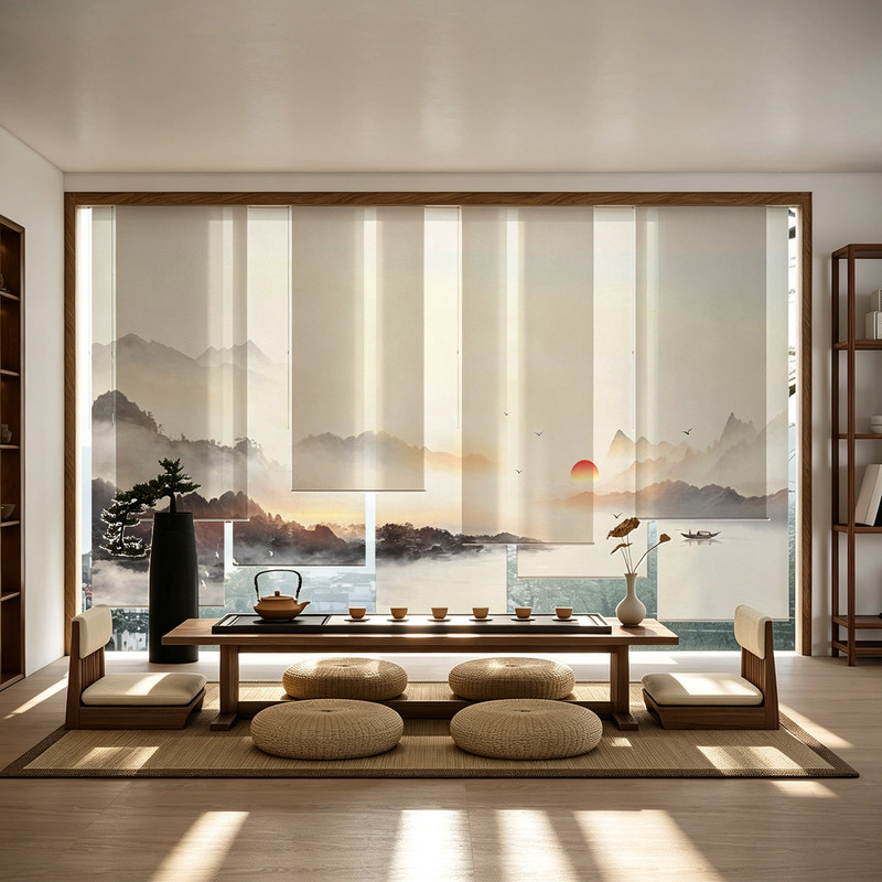 New Chinese-Style Foggy Sunset Landscape Roll-Up Blinds, Adjustable Height, Light-Blocking Partition for Tea Rooms, Office Screens, and Hanging Curtains