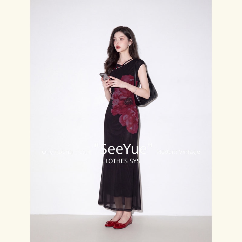 Quiet Luxury New Chinese Style Black Mesh Printed Dress for Women 2026 New Summer Stunning Unique Improved Cheongsam Dress Quiet Luxury New Chinese Style Black Mesh Printed Dress for Women 2026 New Summer Stunning Unique Improved Cheongsam Dress