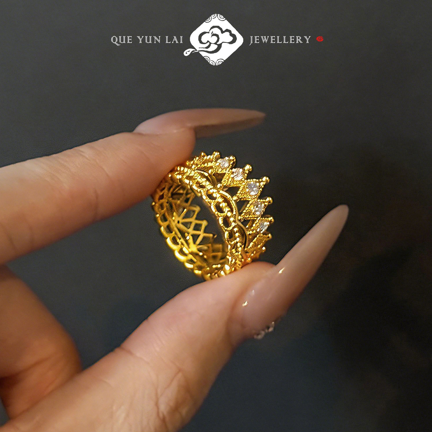 Queyunlai 5D diamond gold ring pure gold 999 king crown ring hollow high-end gift for girlfriend