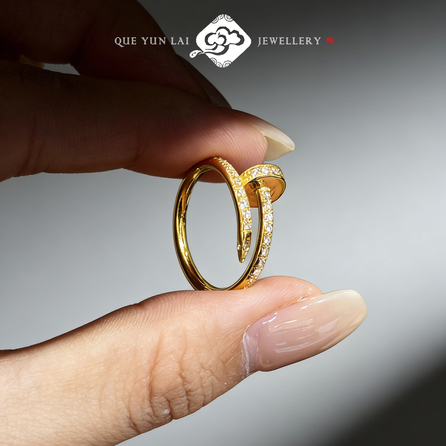 Queyunlai diamond nail ring solid gold 999 open adjustable ring niche simple light luxury high-end sense