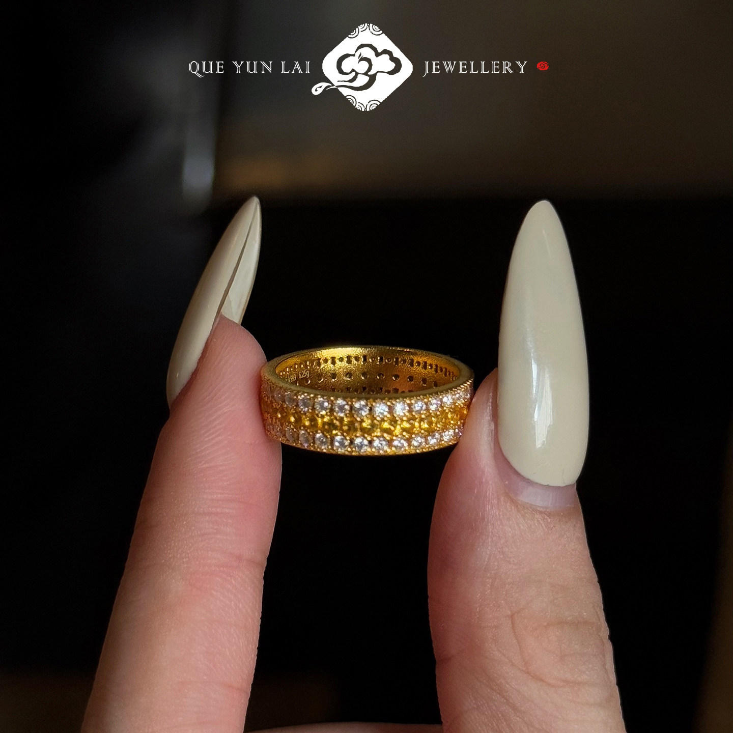 Queyunlai ancient gold dot diamond 999 solid gold ring women's T rainbow full diamond ring luxury shiny light luxury gift