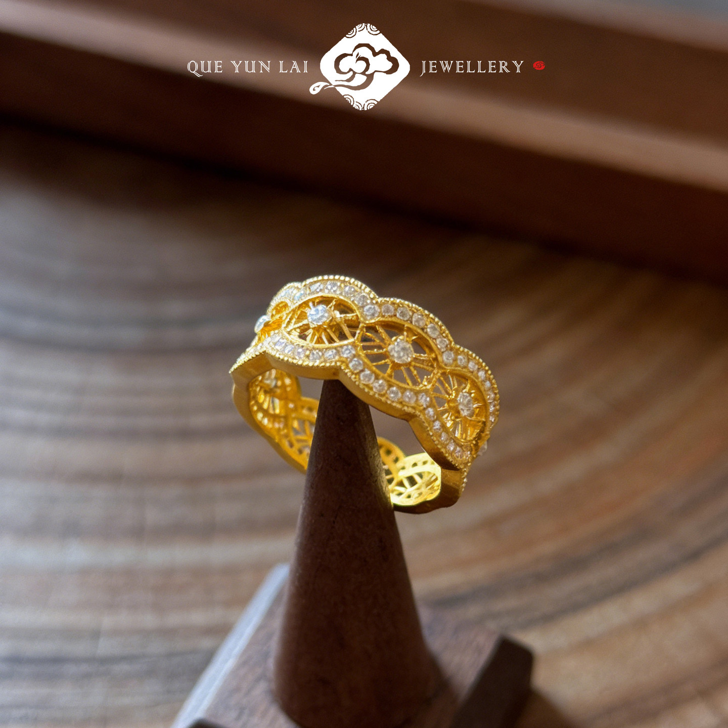 Queyunlai 999 pure gold dot diamond ring, hollow gold woven starburst ring, elegant and dignified style, gift for wife