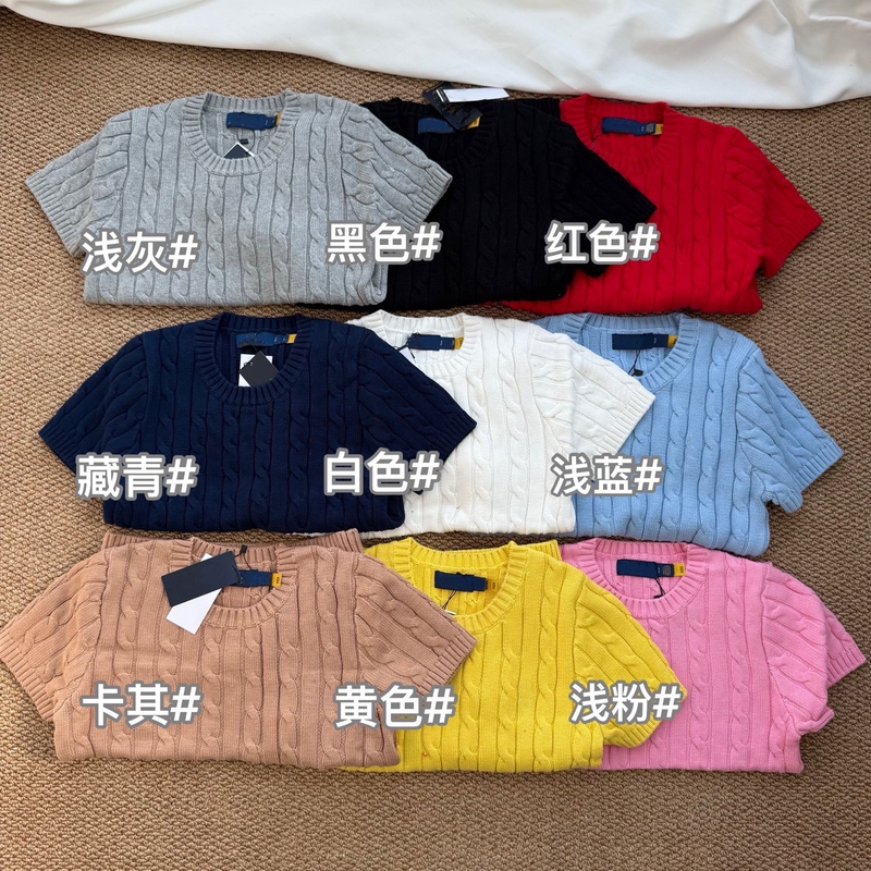 Nanyou Raff Round-Neck Sweater with Short Sleeves, Featuring a Pony Logo with Correct Embroidery, Cable Knit, Casual Pullover for Women