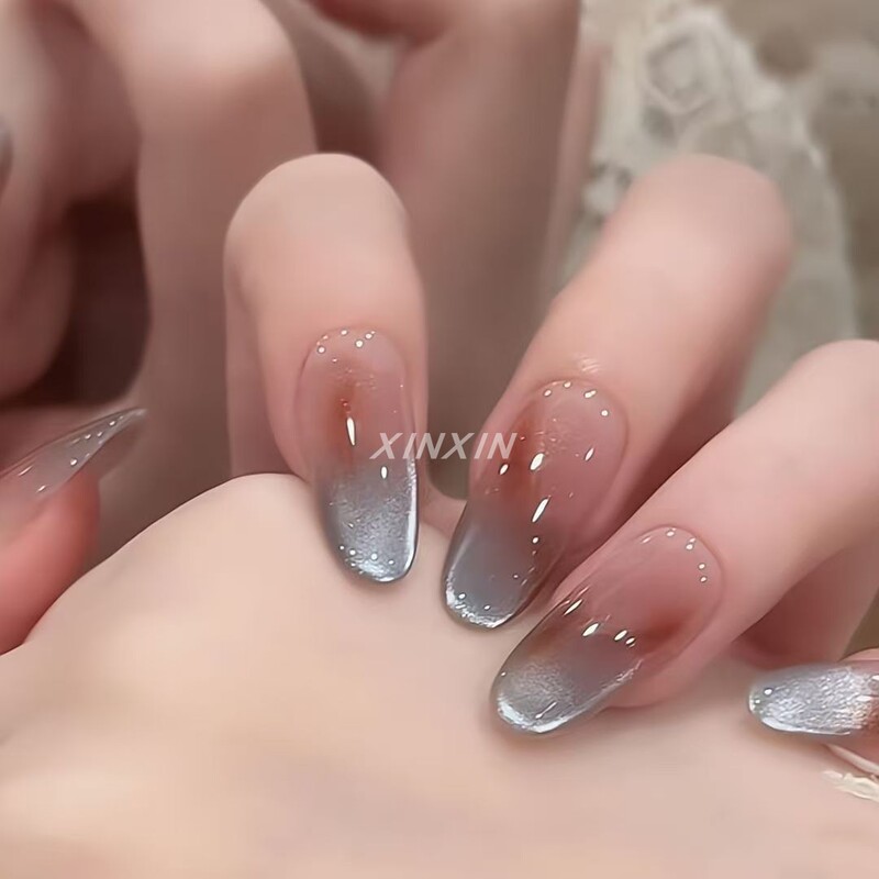 Autumn and Winter Vibe Trending Sweet Cool Melard Ice Blue Amber Gradient Glass Bead Cat Eye Nail Art Press-On Nails High-End
