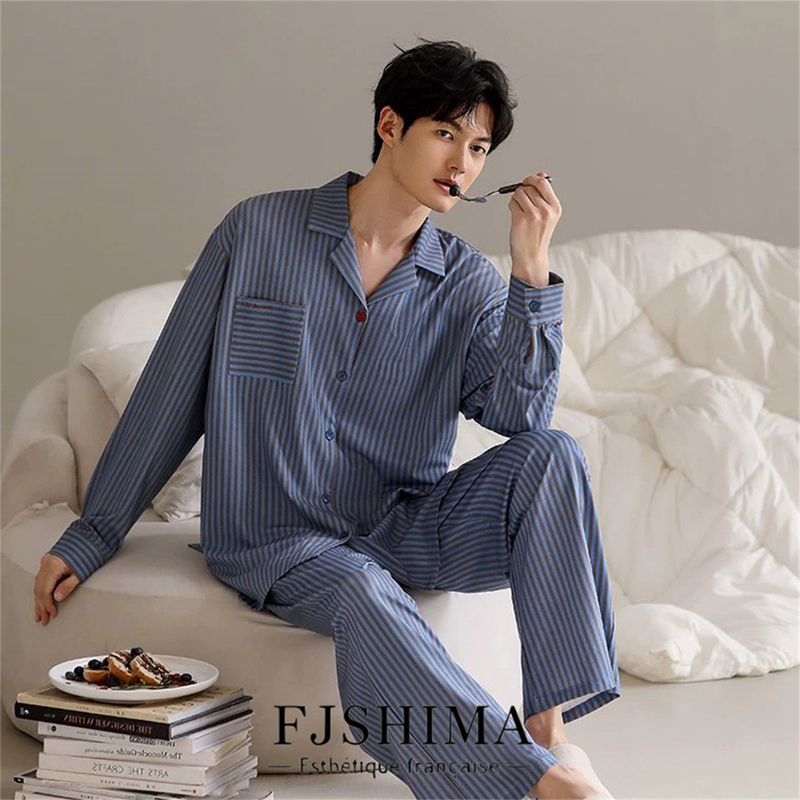 [German-Style Tailoring] Men's Pajamas, Spring and Autumn Long-Sleeved Home Wear, Striped Casual Suit, Simple Cardigan That Can Be Worn Outside