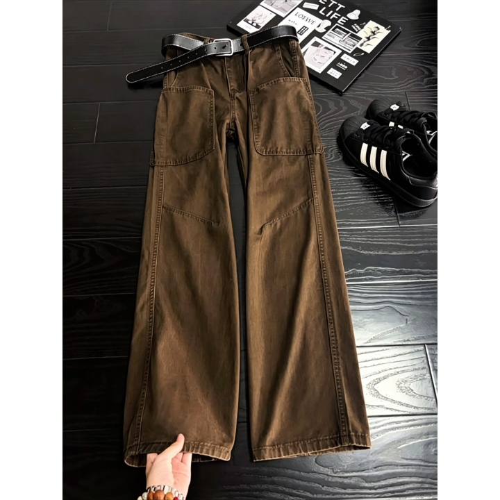 Summer New Men's American Retro Large Pocket Jeans, Melard Coffee Color Pants, Slightly Flared Straight-Leg Cargo Pants Summer New Men's American Retro Large Pocket Jeans, Melard Coffee Color Pants, Slightly Flared Straight-Leg Cargo Pants