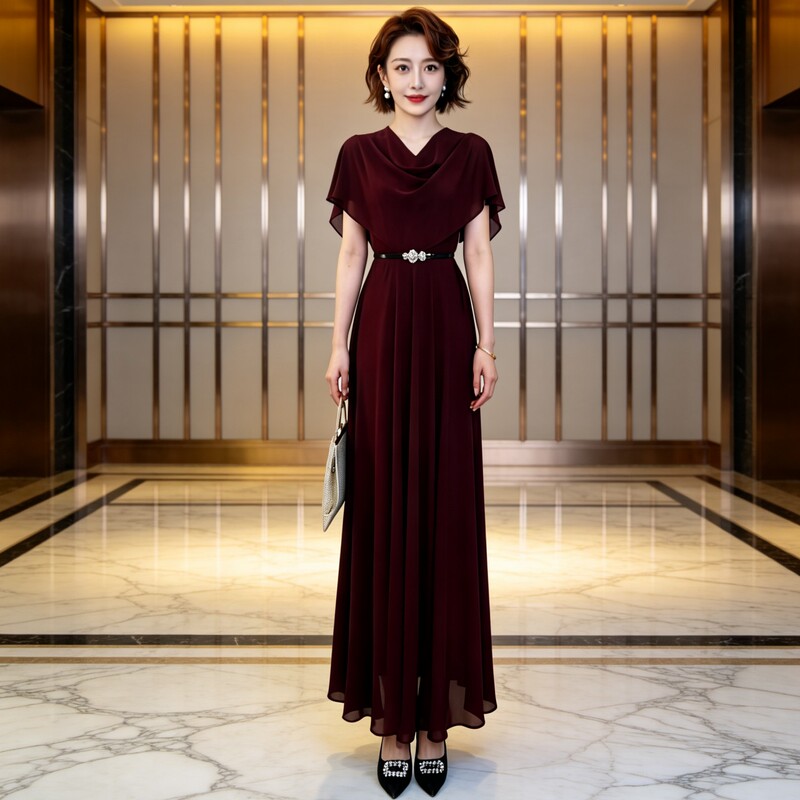 Light Luxury and High-End Dress for Women, Summer 2026 New Style, Dignified and Elegant, Burgundy Long Dress That Covers the Body and Makes You Look Slimmer