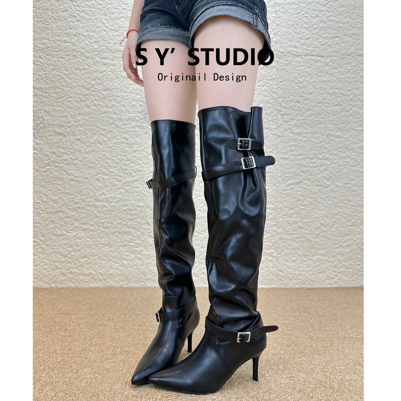 Genuine Leather Stiletto Pointed Toe Slouch Boots for Women, 2026 New Model, High-Heeled Retro Belt Buckle Riding Boots, Over-The-Knee Long Boots Genuine Leather Stiletto Pointed Toe Slouch Boots for Women, 2026 New Model, High-Heeled Retro Belt Buckle Riding Boots, Over-The-Knee Long Boots