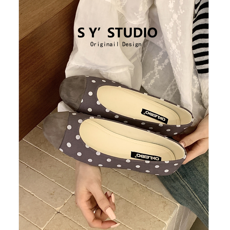 French-Style Polka Dot Ballet Shoes for Women, 2026 New Model, Flat Shallow Slip-On Shoes, Round Toe, Patchwork Granny Shoes