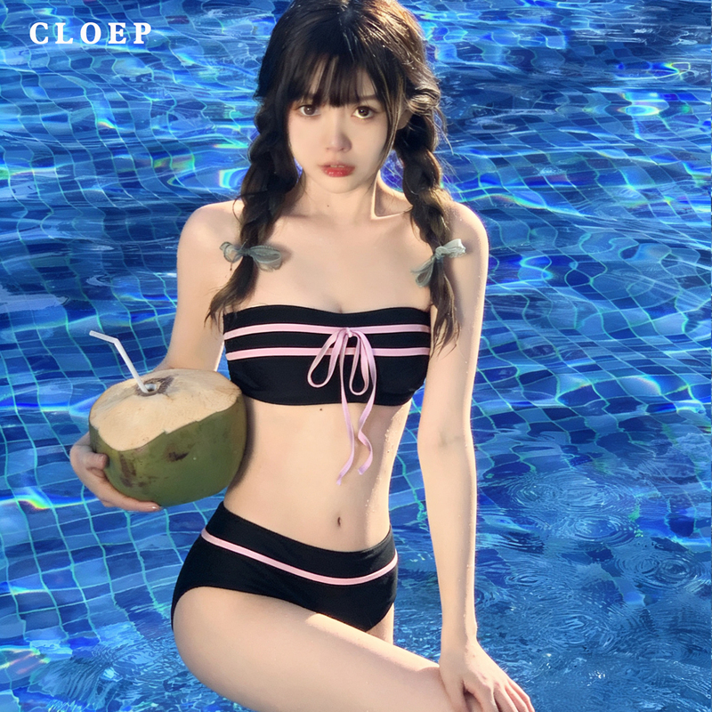 Women's Bikini Swimsuit 2026 New Style Small Bust Pure Desire Tube Top Ins Style Black Sexy Swimwear for Pool, Seaside, Beach Vacation