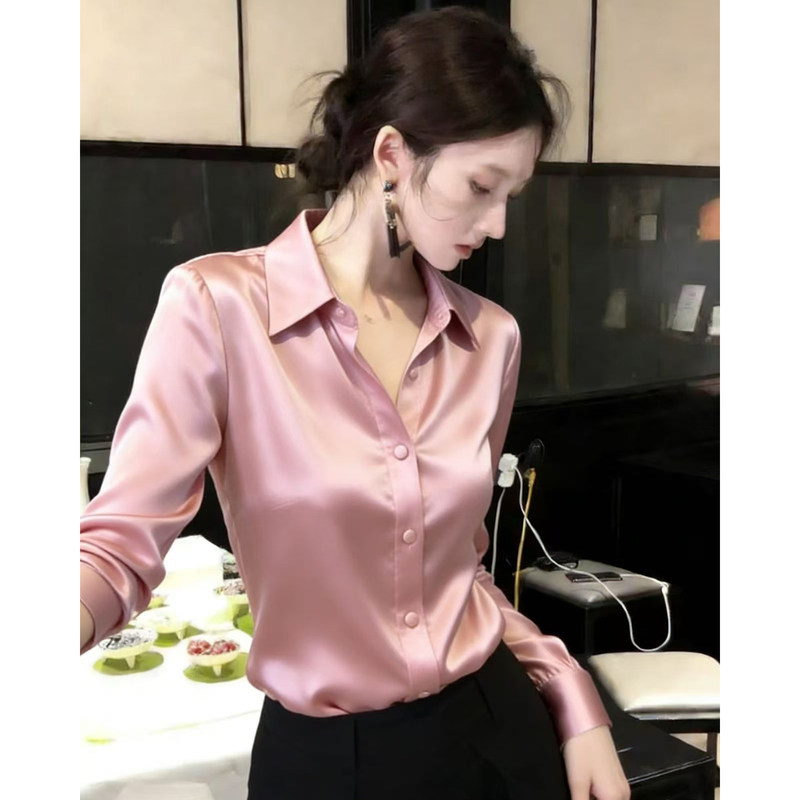 High-End French-Style Cinched Waist Shirt, Light Luxury Pink Satin Shirt for Women, Spring Long-Sleeve Polo Collar, Suitable for Work and Professional Wear High-End French-Style Cinched Waist Shirt, Light Luxury Pink Satin Shirt for Women, Spring Long-Sleeve Polo Collar, Suitable for Work and Professional Wear