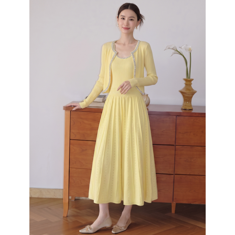 2026 New Autumn Outfit Set for Women, High-End and Elegant Knitted Cardigan, Vest, and Long Skirt Two-Piece Set