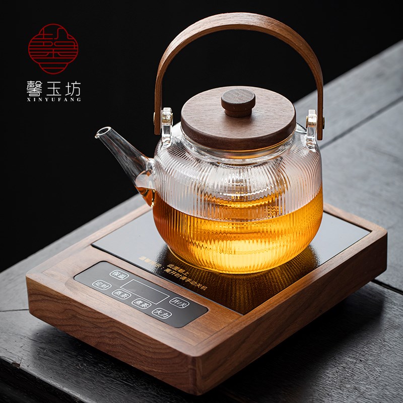Light luxury walnut electric ceramic stove, heat-resistant glass lifting beam kettle, tea making set around the stove