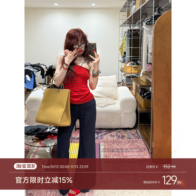 Two Hundred Million Spicy Girl Red Striped Ice Silk Knitted Off-Shoulder Camisole Women's Summer Sleeveless Top