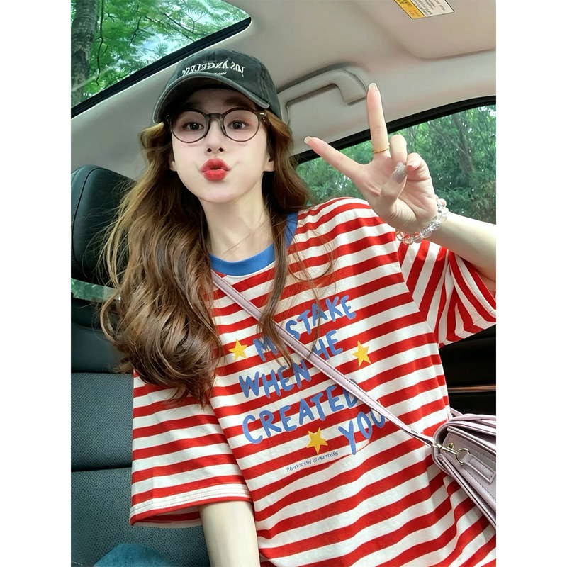 Dzoe American-Style Striped Red Short-Sleeve T-Shirt for Women 2026 New Summer Trendy Brand Letter Design Casual Top
