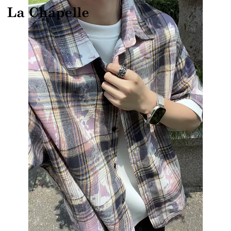 La Chapelle 2026 Summer New American-Style Tie-Dye Purple Plaid Short-Sleeve Shirt Loose Casual Men's Jacket