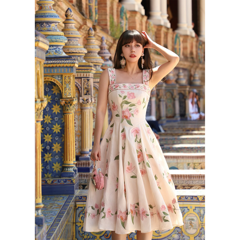 Lorina Storia Rosa Workshop Original Summer Heavy-Duty Fully Embroidered Tencel Linen Waist-Cinching Dress