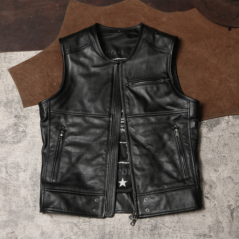 Harley Motorcycle Leather Vest, Club Men's and Women's Riding Genuine Leather Vest, Soft Thin Cowhide Round Neck Vest