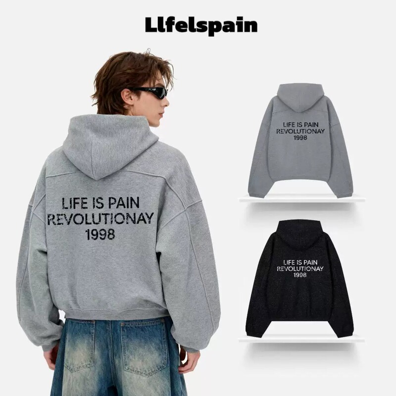 Lifeispain Crack Growth Deconstructed Scimitar Sleeve Letter Print Loose Hooded Jacket Zipper Sweatshirt