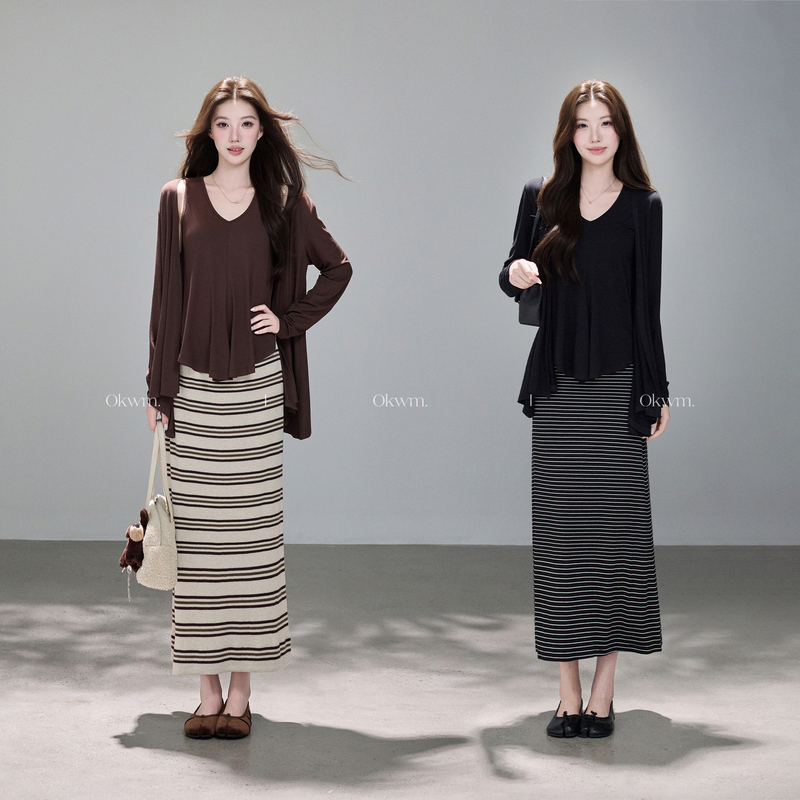 Okwm Takeaway Delivery Arrived in Nice for a Weekend Vibe: Pure Desire Tank Top Cardigan and Striped Bodycon Skirt Set for Women in Autumn