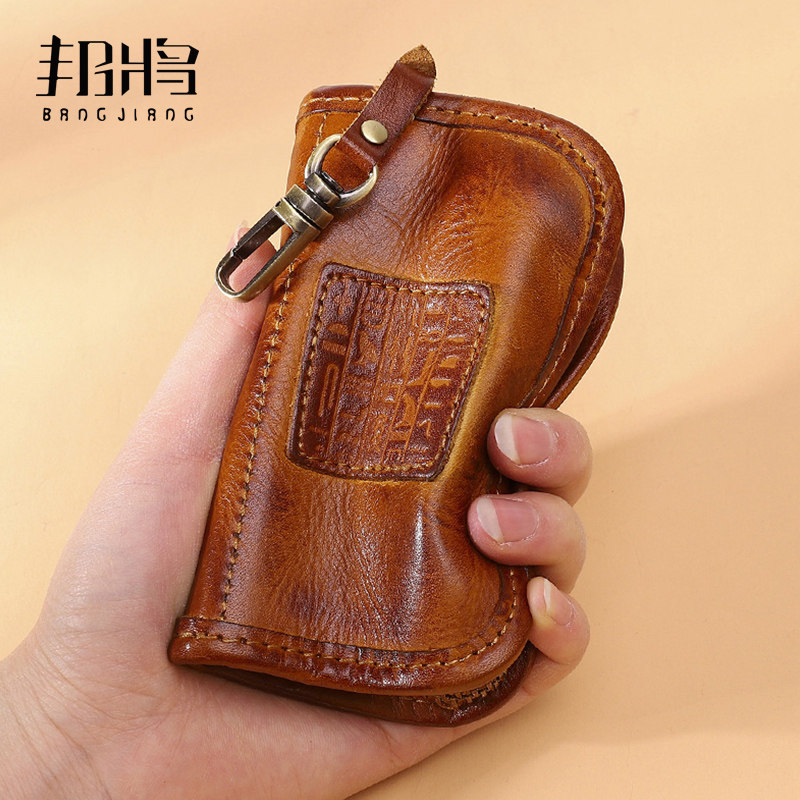 Handmade Head Layer Bull Leather Key Bag Men Genuine Leather Large Capacity Waist Hanging Car Key Bag Card Bag Key Wrap