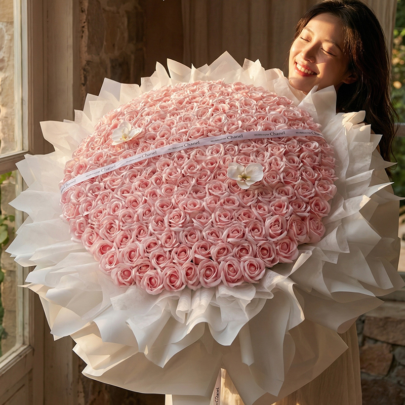 199 Pink Roses, Extra-Large Flowers, Anniversary Birthday Surprise, Chinese Valentine's Day Gift Bouquet, Eternal Flower Bouquet for Girlfriend