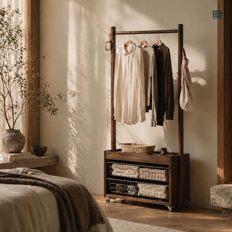 Windless Shadow Solid Wood Mobile Clothes Rack North American Black Walnut Pull-Out Basket Bedside Table Bedroom Coat Rack Storage Rack