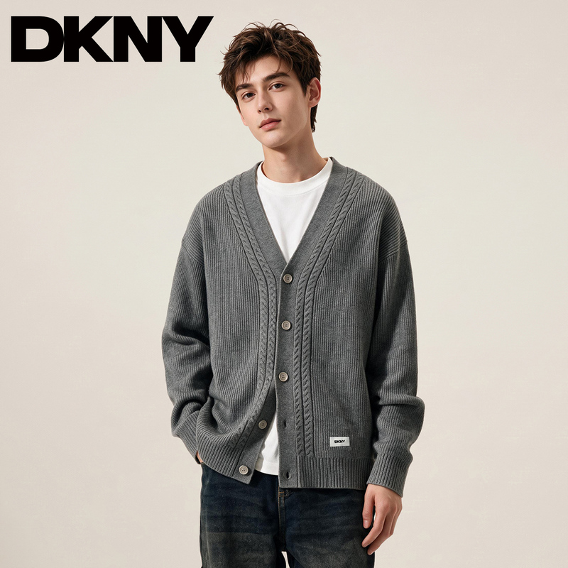 Dkny Tang Kenaier Men's Casual Knitted Cardigan 2026 Autumn Commuter Jacket V-Neck Retro Sweater