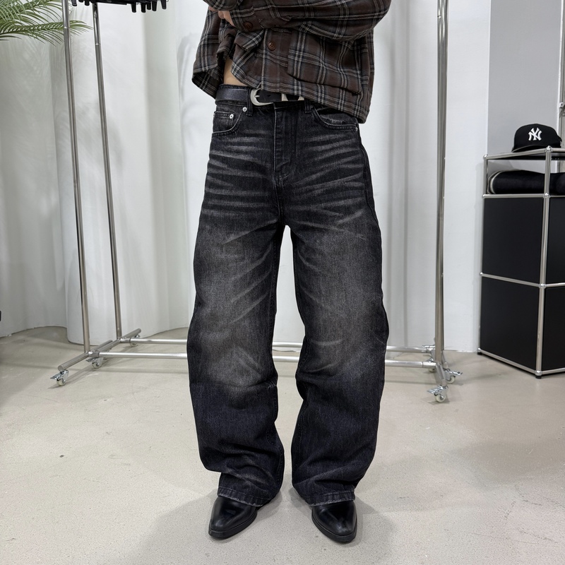 Tabbic【Storm Black Cow】14 oz Vintage2021M Loose Straight-Leg Washed Distressed Black Jeans