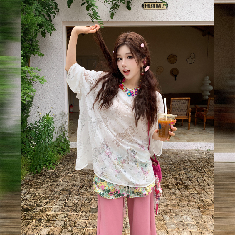Huhoo Bamboo Fiber Simple Casual Style Lace Hollow-Out Three-Quarter Sleeve Shirt for Women, Loose and High-End Top Huhoo Bamboo Fiber Simple Casual Style Lace Hollow-Out Three-Quarter Sleeve Shirt for Women, Loose and High-End Top