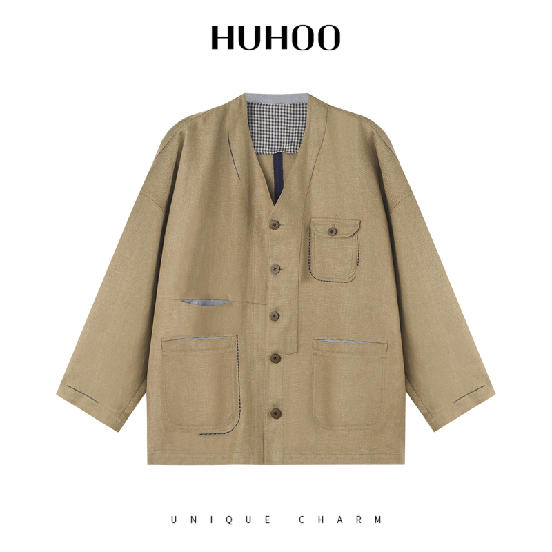 Huhoo Ramie Tencel Vintage Style Work Jacket with Multiple Pockets, Buttoned Deconstructed Design, Cardigan Short Coat Huhoo Ramie Tencel Vintage Style Work Jacket with Multiple Pockets, Buttoned Deconstructed Design, Cardigan Short Coat