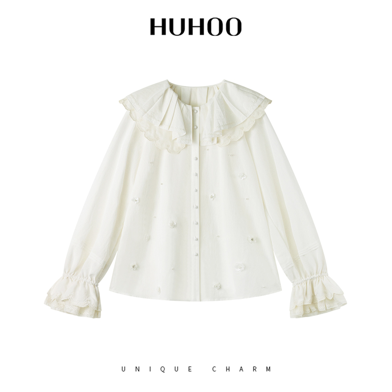 Huhoo Mulberry Silk Doll Collar Shirt for Women, New Autumn 26 Style, Linen French-Style Three-Dimensional Flower White Top Huhoo Mulberry Silk Doll Collar Shirt for Women, New Autumn 26 Style, Linen French-Style Three-Dimensional Flower White Top