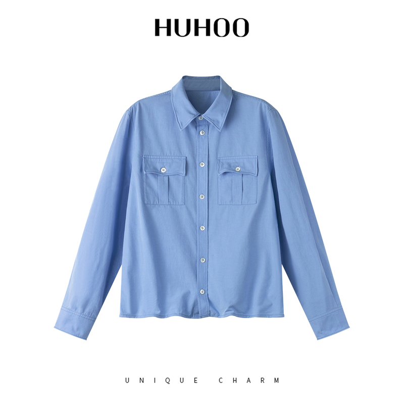Huhoo Pure Cotton Shirt for Women 2026 Autumn New Style Light Workwear Style Relaxed Fit Fishbone Design Casual Top