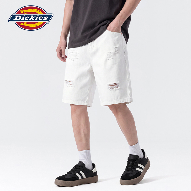 Dickies American-Style White Ripped Denim Shorts for Men, Lightweight Straight-Leg Casual Five-Point Pants for Summer