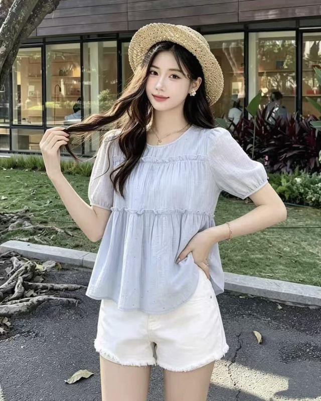 Special Offer Clearance: French-Style Ruffled Summer New Arrival, Tummy-Concealing, Slimming Babydoll Top, Unique Trendy Top 0661
