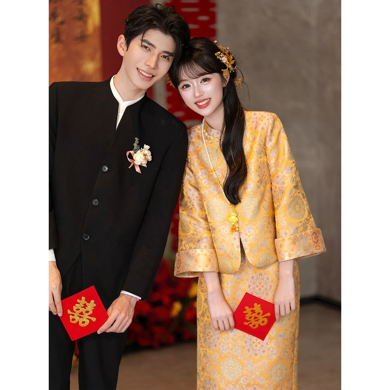 Chinese-Style Golden Embroidered Qipao Wedding Dress for the Bride, 2026 New Model, Xiuhe Engagement Dress, Two-Piece Set with Long Sleeves