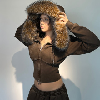 Icvibe cut off bloated cold brown assute dye + oversized fur collar waist hoodie + sweatpants set