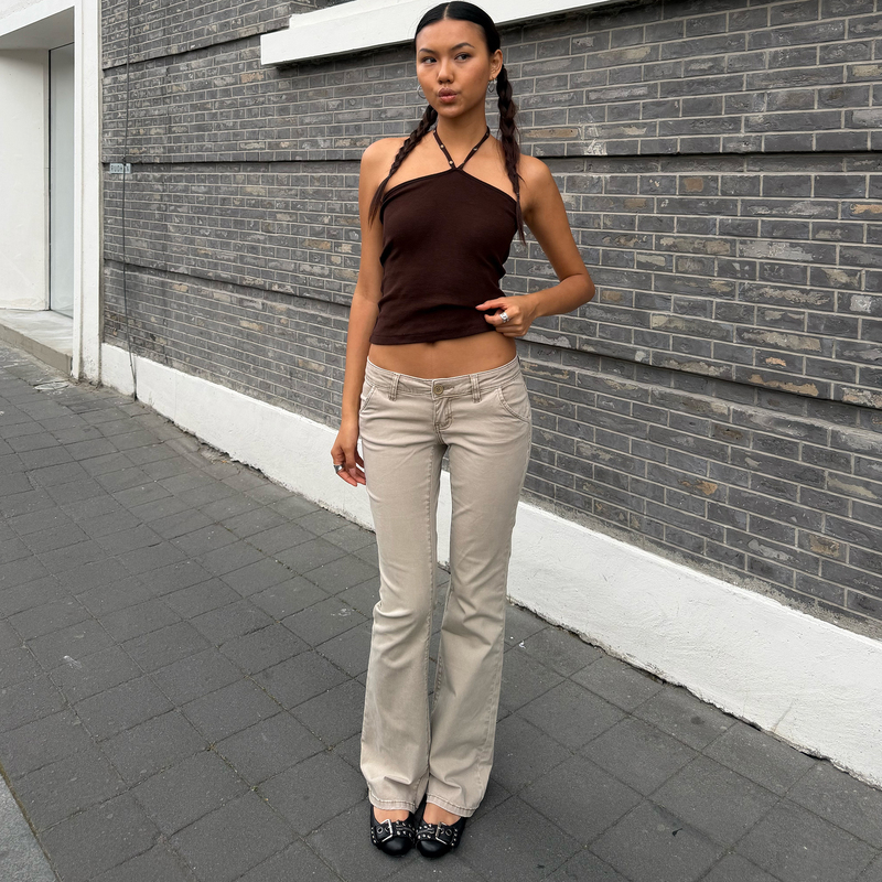 Icvibe Back to 2000S·Modern Style Pants Soft, Slightly Stretchy, Faded, Dyed Khaki Low-Waist Flared Pants