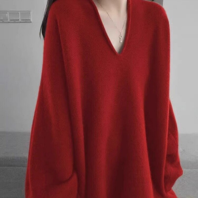 Black Loose V-Neck Cashmere Knit Sweater for Women, Autumn and Winter, Lazy and High-End Style Pullover Sweater, Outerwear with a Relaxed Feel