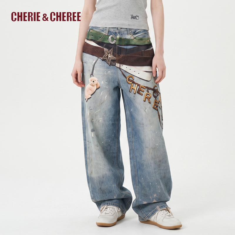 Cherie&Cheree26 Summer Thin Pure Cotton Color-Blocking Wide-Leg Slimming Denim Pants Cc6Wlx4N270 Cherie&Cheree26 Summer Thin Pure Cotton Color-Blocking Wide-Leg Slimming Denim Pants Cc6Wlx4N270