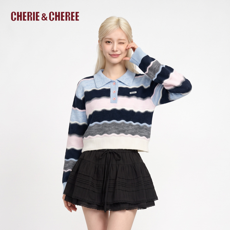 Cherie&Cheree26 Autumn Relaxed Retro Striped Polo Collar Half Cardigan Knitted Sweater Cc6Wcq1M052 Cherie&Cheree26 Autumn Relaxed Retro Striped Polo Collar Half Cardigan Knitted Sweater Cc6Wcq1M052