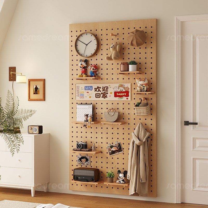 Sanmeng solid wood hole board storage rack custom-shaped wall entry porch storage rack log style wall display