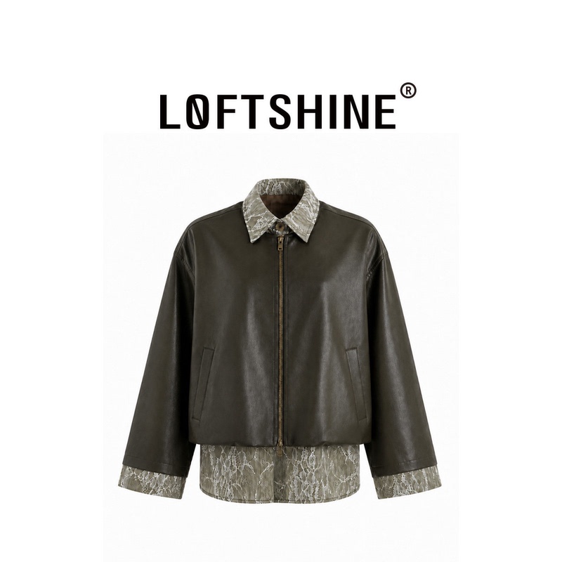 Loftshine Retro Style Lapel Patchwork Leather Jacket Women's Fake Two-Piece Jacket Ls708B84172
