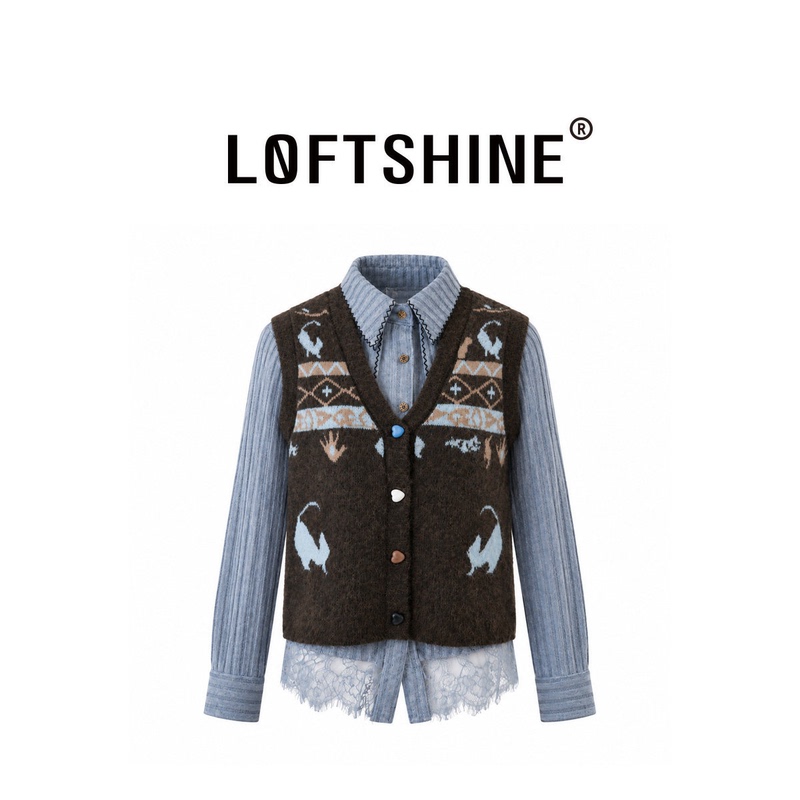 Loftshine Retro Fair Isle Jacquard Knitted Women's V-Neck Cardigan Sleeveless Layered Suit Ls709B01276 Loftshine Retro Fair Isle Jacquard Knitted Women's V-Neck Cardigan Sleeveless Layered Suit Ls709B01276