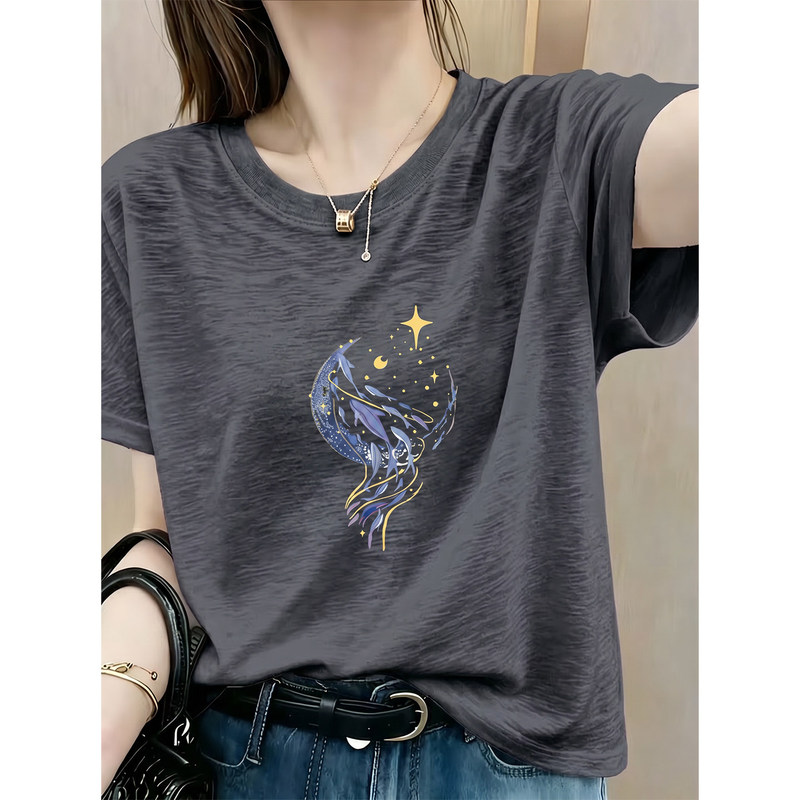 Dzoe Korean-Style High-End Gray Bamboo Cotton Short-Sleeve T-Shirt for Women, 2026 Summer New Style, Lazy Style, Age-Reducing, Regular Shoulder Top Dzoe Korean-Style High-End Gray Bamboo Cotton Short-Sleeve T-Shirt for Women, 2026 Summer New Style, Lazy Style, Age-Reducing, Regular Shoulder Top