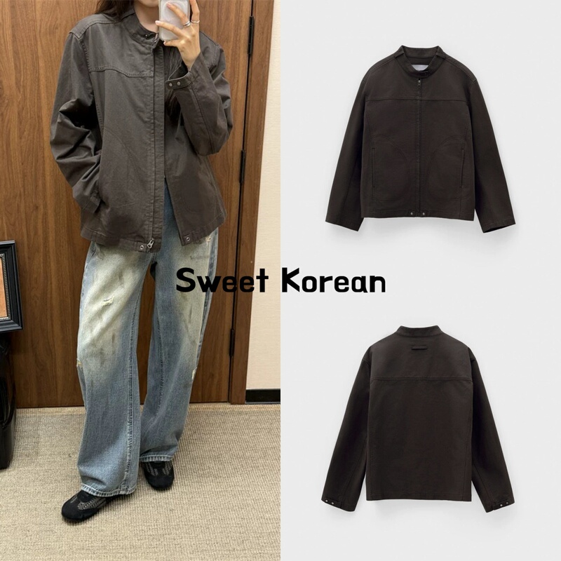 26Fw New Low Classic Korean Designer Brand Women's Stand-Up Collar Washed Short Work Jacket