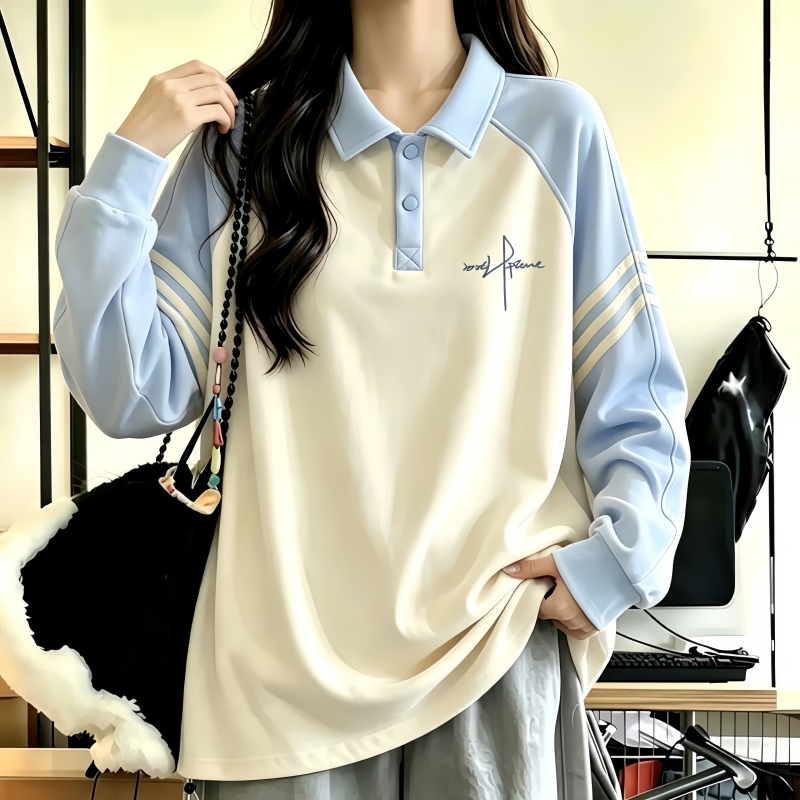 Girls' Academy-Style Polo Collar Sweatshirt with Three Stripes, Loose Fit, Fleece-Lined Top for Autumn and Winter, Suitable for Middle and High School Students Girls' Academy-Style Polo Collar Sweatshirt with Three Stripes, Loose Fit, Fleece-Lined Top for Autumn and Winter, Suitable for Middle and High School Students